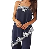 Womens Lace Satin Tank Tops Spaghetti Strap Asymmetrical Layering Cami Slip Dress Side Split Silk Nightgown