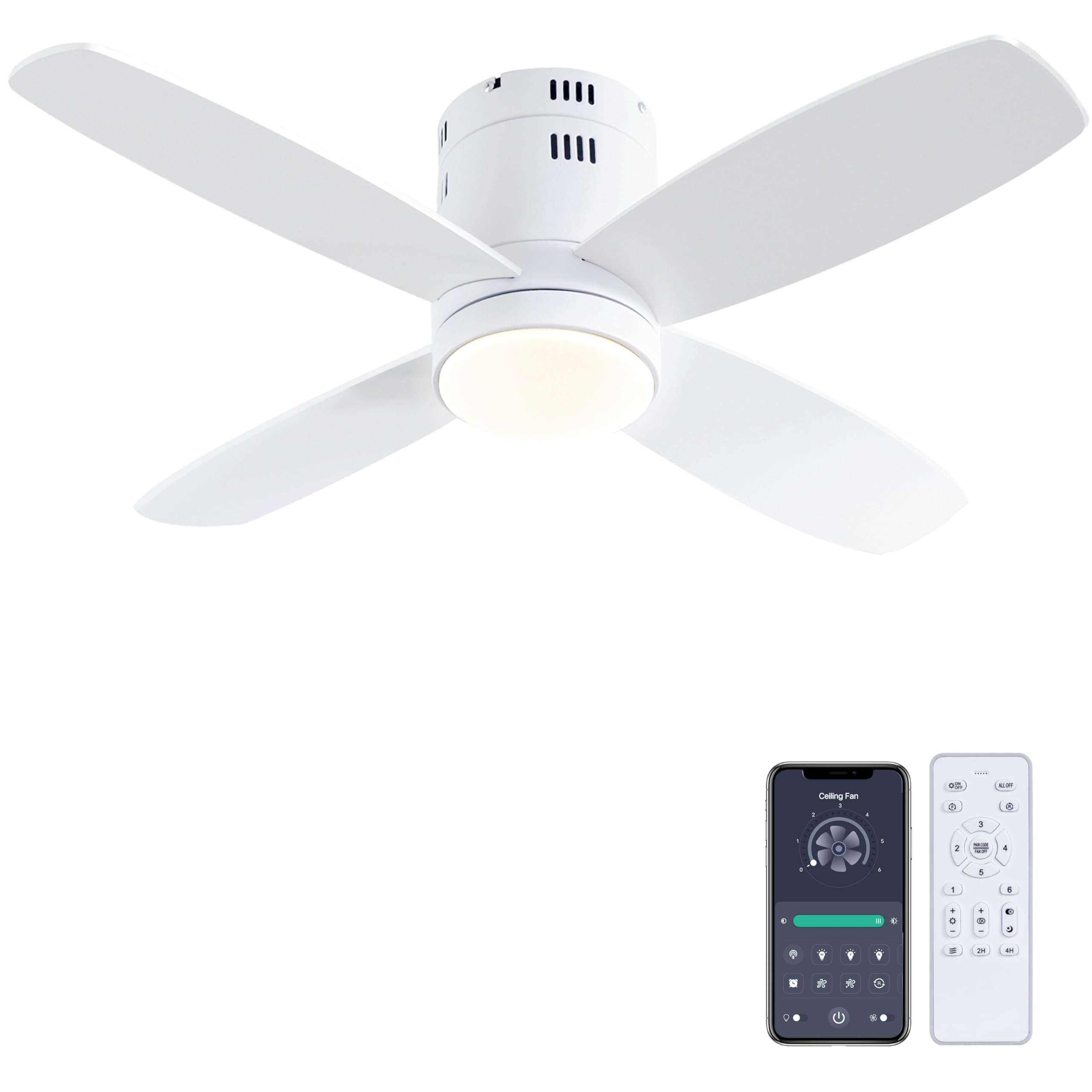 View 1 of Ohniyou Ceiling Fan with Lights - 38'' Small Low Profile Ceiling Fans Remote & APP Control - Dimmable Indoor Outdoor Quiet DC Flush Mount Ceiling Fan for Patio Kitchen Dining Room Bedroom(White)