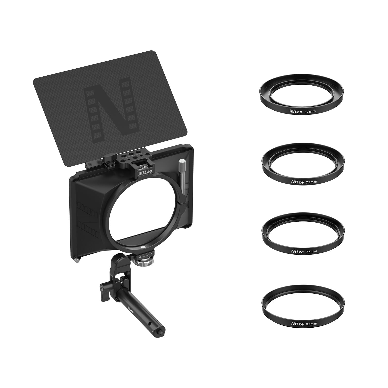 Nitze Mini Matte Box for Mirroless and DSLR Cameras, with 15mm Rod and Clamp with 1/4" Screw and 4 Lens Adapter Rings (Φ67/72/77/82mm) - MB15AK