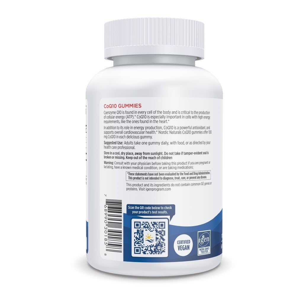 Nordic Naturals CoQ10 Gummies, Strawberry - 60 Gummies - 100 mg Coenzyme Q10 (CoQ10) - Great Taste - Heart Health, Cellular Energy Production, Antioxidant Support - Non-GMO, Vegan - 60 Servings