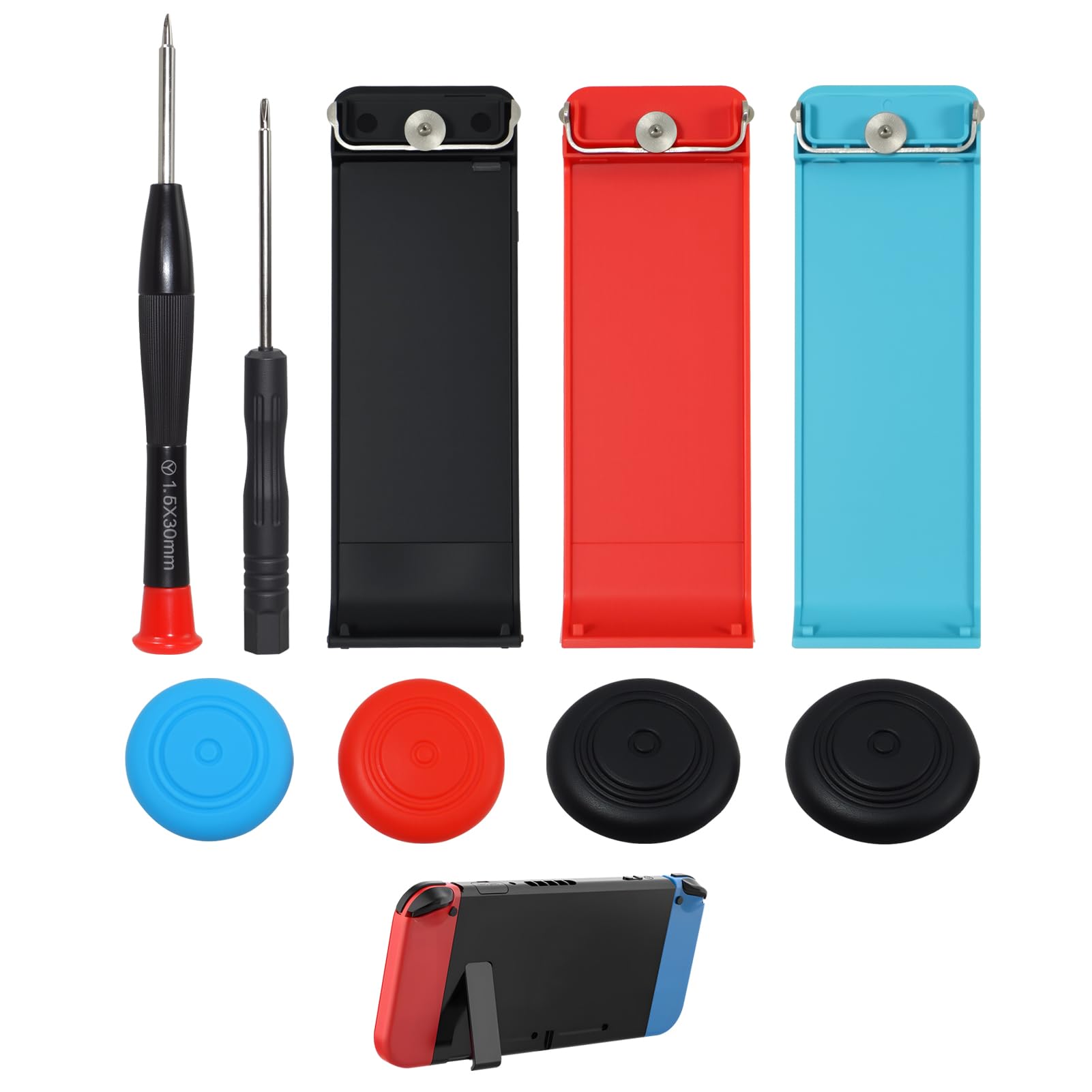 7 Pcs Kickstand Compatible with Nintendo Switch, Replacement Back Stand Holder with 3 Colors Kickstand and 4 Thumbstick Caps, ABS Durable Console Accessories with Screwdrivers