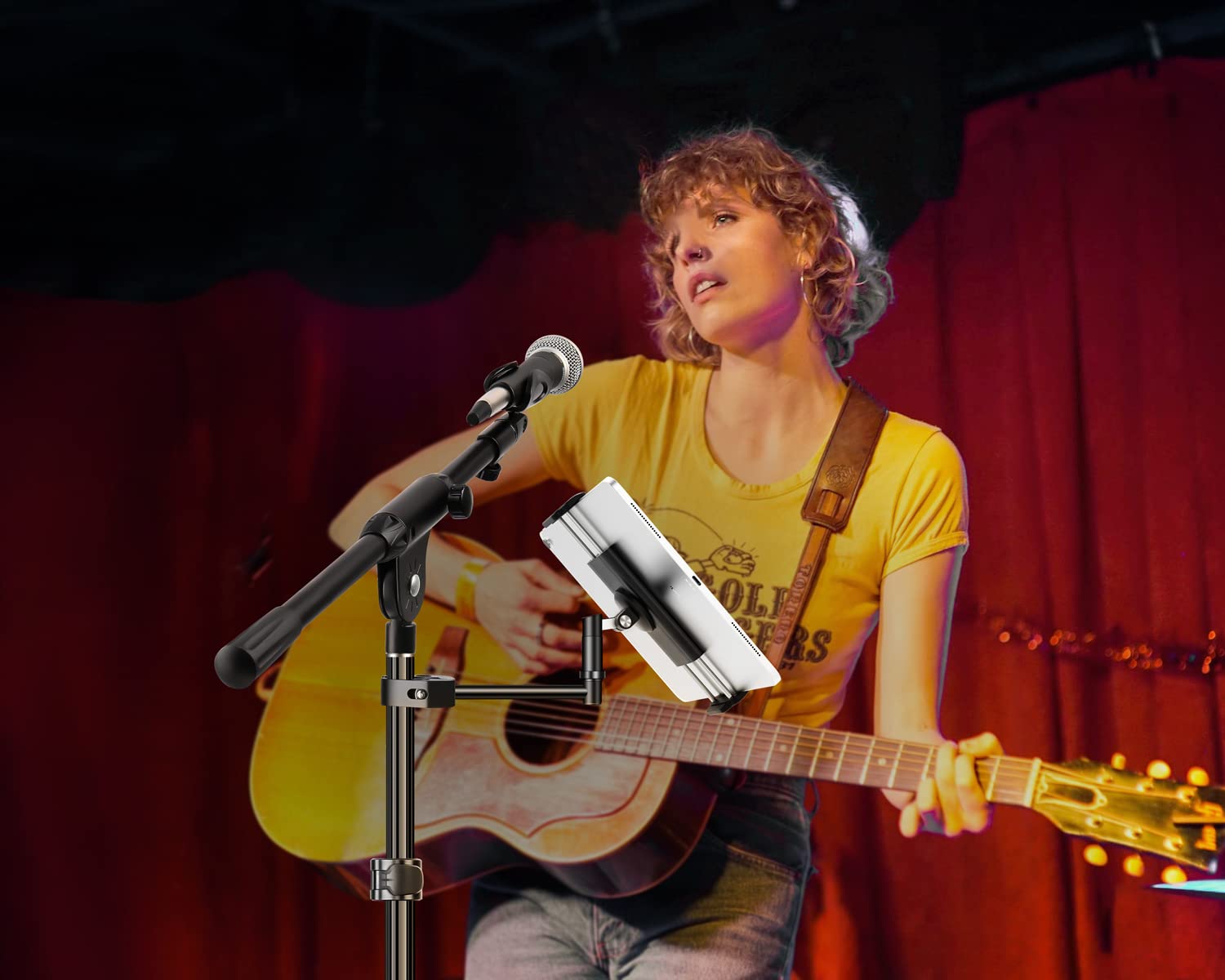 elitehood Aluminum iPad Holder for Mic Stand, Side Mount iPad Music Stand Holder for Microphone, 360° Swivel Tilt Adjustable Mic Tablet Mount for 4-13in iPhone, Cell Phones and Tablets