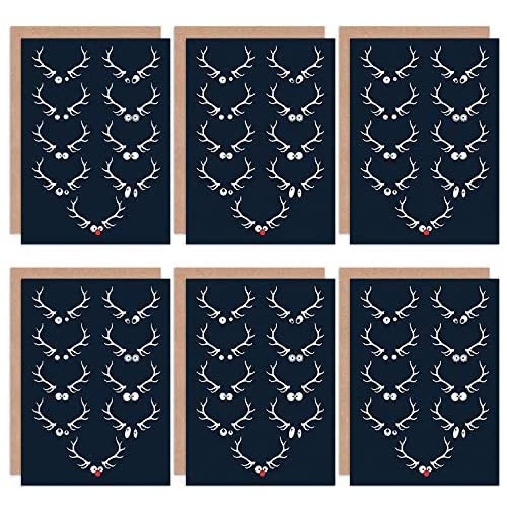 Wee Blue Coo Christmas Cards x6 Funny Rudolph Red Nose Reindeer Eyes Set Xmas