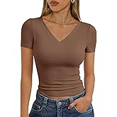 Trendy Queen Womens Basic V Neck Short Sleeve Spring T Shirts Slim Fit Crop Y2k Tee 2026 Summer Gym Workout Cute Top