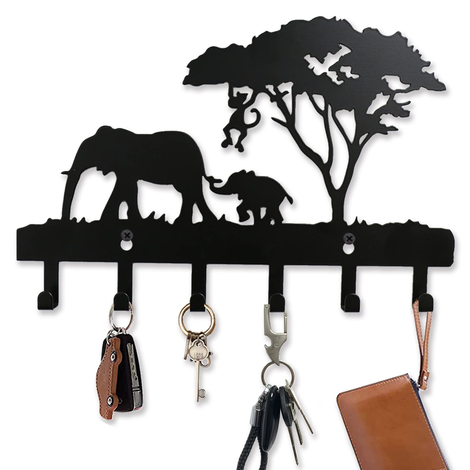 Viiluuxr Metal Key Holder for Wall Africa Elephant Decorative Key Organizer Wall Mounted Hooks Personalized Key Hanger Black 12 Inch. (Elephant)