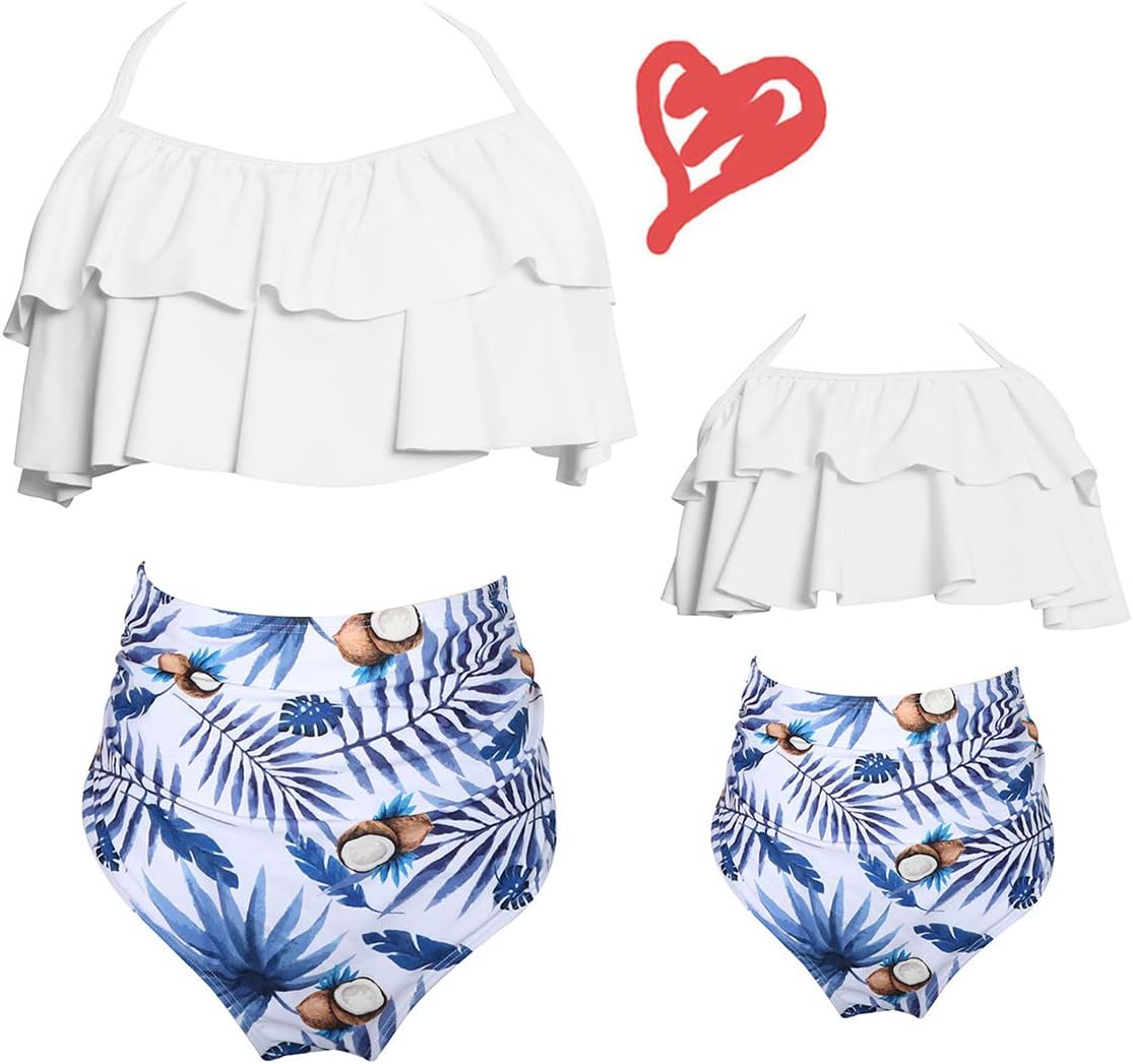 2Pcs Mommy and Me Matching Family Swimsuit Ruffle Women Swimwear Kids Children Toddler Bikini Bathing Suit Beachwear Sets