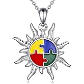 YFN Sterling Silver Autism Awareness Sun Pendant Necklace, 22mm, Puzzle Piece Design
