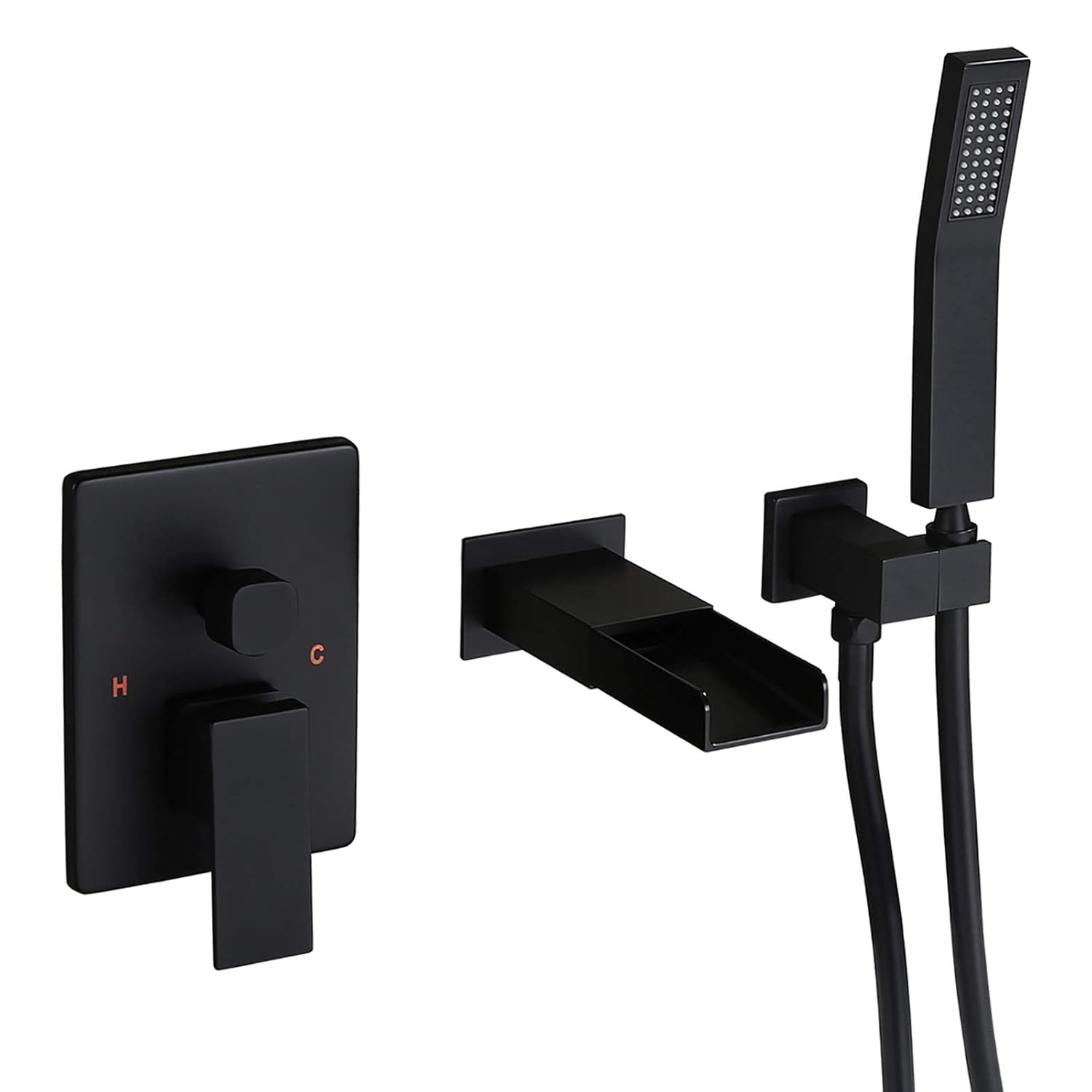 Homary Waterfall Wall Mounted Tub Faucet with Hand Shower Bathroom Wall Mount Tub Filler Bathtub Faucet Single Handle Solid Brass in Matte Black, cUPC Certified
