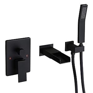 Homary Waterfall Wall Mounted Tub Faucet with Hand Shower Bathroom Wall Mount Tub Filler Bathtub Faucet Single Handle Solid Brass in Matte Black, cUPC Certified