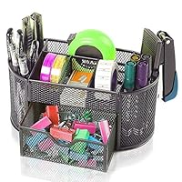 Oval Supply Caddy Desk Organizer - Elegant Black Mesh Wire Design, 9 Space Saving Writing Supplies Compartments With a Large Drawer, Multiple Divided compartments - Great Gift