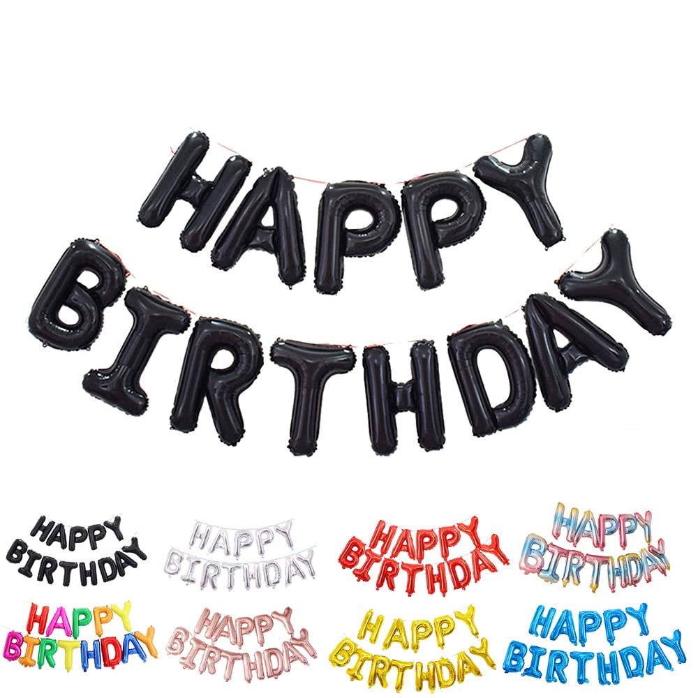 Ponmoo Happy Birthday Banner Black, Alphabet Happy Birthday Balloons Banner for Birthday Party Decoration, Happy Birthday Letters Foil Balloons - Black
