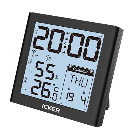 iCKER Funkwecker,Wecker Digital Funkuhr mit Temperaturanzeige, Hygrometer Thermometer, Große Zahlen, Komfortstufeanzeige, Bat