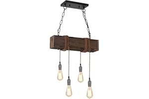 KEESFU 4-Lights Farmhouse Pendant Lights Kitchen Island, Rustic Wooden Ceiling Hanging Light, Height Adjustable, Dining Room Chandelier for Kitchen Island Dining Room Bar Pool Table Cabin.