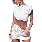 Skirt Sets Women 2 Piece Outfits - Sexy Two Pc Cap Sleeve Tank Crop Top Bodycon Ruched Mini Skirts