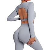 SUUKSESS 2 Piece Workout Sets for Women Long Sleeve Gym Sets Woman Butt Lifting Leggings Open Back Crop Tops
