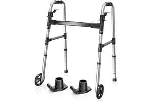 Loyoda Folding Walker with 2 Skis and 5" Wheels, Lightweight Walkers for Seniors and Adults, Supports Up to 350 Pounds, Adjustable Height, Compact Standard Walker, Black