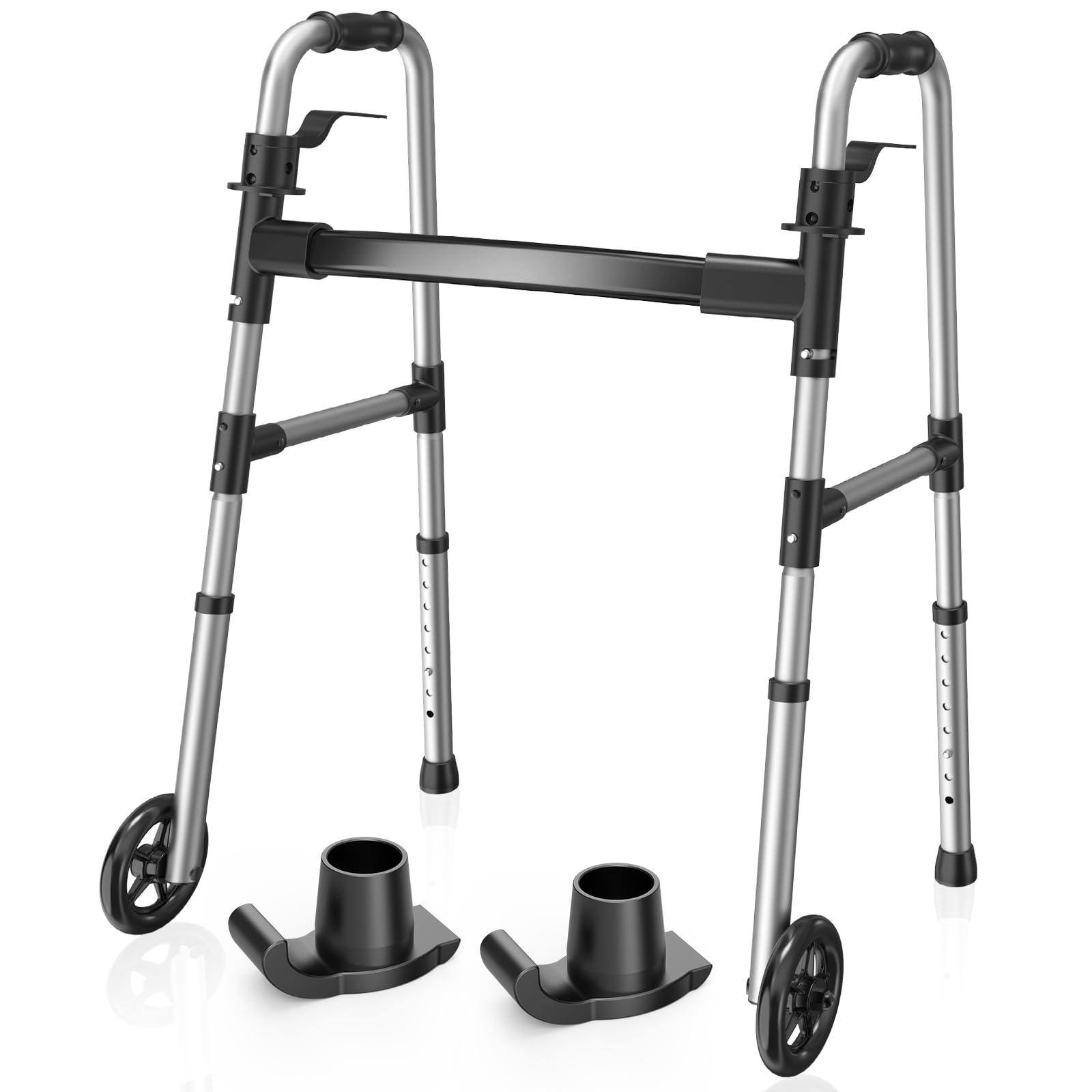 Photo 1 of Loyoda Folding Walker with 2 Skis and 5" Wheels, Lightweight Walkers for Seniors and Adults, Supports Up to 350 Pounds, Adjustable Height, Compact Standard Walker, Black