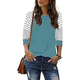 ReachMe Women's Casual 3/4 Sleeve T Shirts Crewneck Striped Raglan Sleeve Tee Shirts Loose Fit Blouses