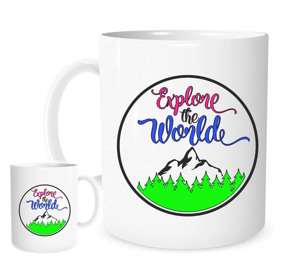 Explore the World Mug – Travel Adventure Coffee Cup with Mountain & Forest Design – Wanderlust Gift for Travelers & Nature Lovers