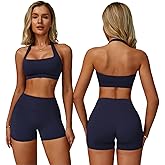 ABOCIW Workout Sets for Women Square Neck Halter Sports Bra High Waist Biker Shorts 2 Piece Gym Yoga Outfits