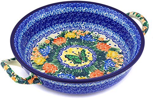 Click Here to See More Images Polish Pottery Medium Round Baker with Handles made by Ceramika Artystyczna (Springtime Butterfly Theme) Signature UNIKAT + Certificate of Authenticity