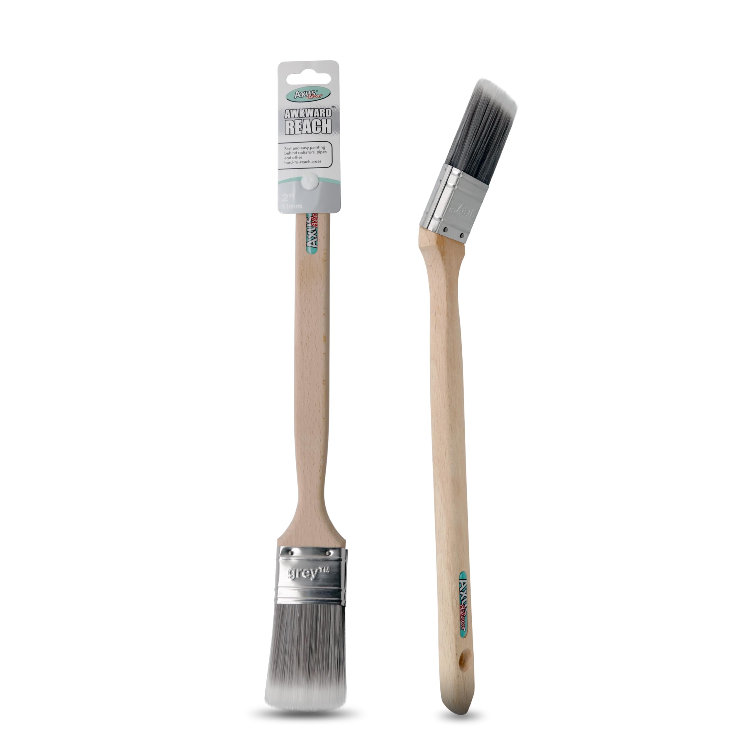 Axus Decor Awkward Reach Paint Brush (Grey Color) For Behind Radiators, Pipes, and Other Hard-to-access Areas, Eco-friendly Natural Bamboo Handles, Anti-Rust Stainless Steel - 2" / 50mm