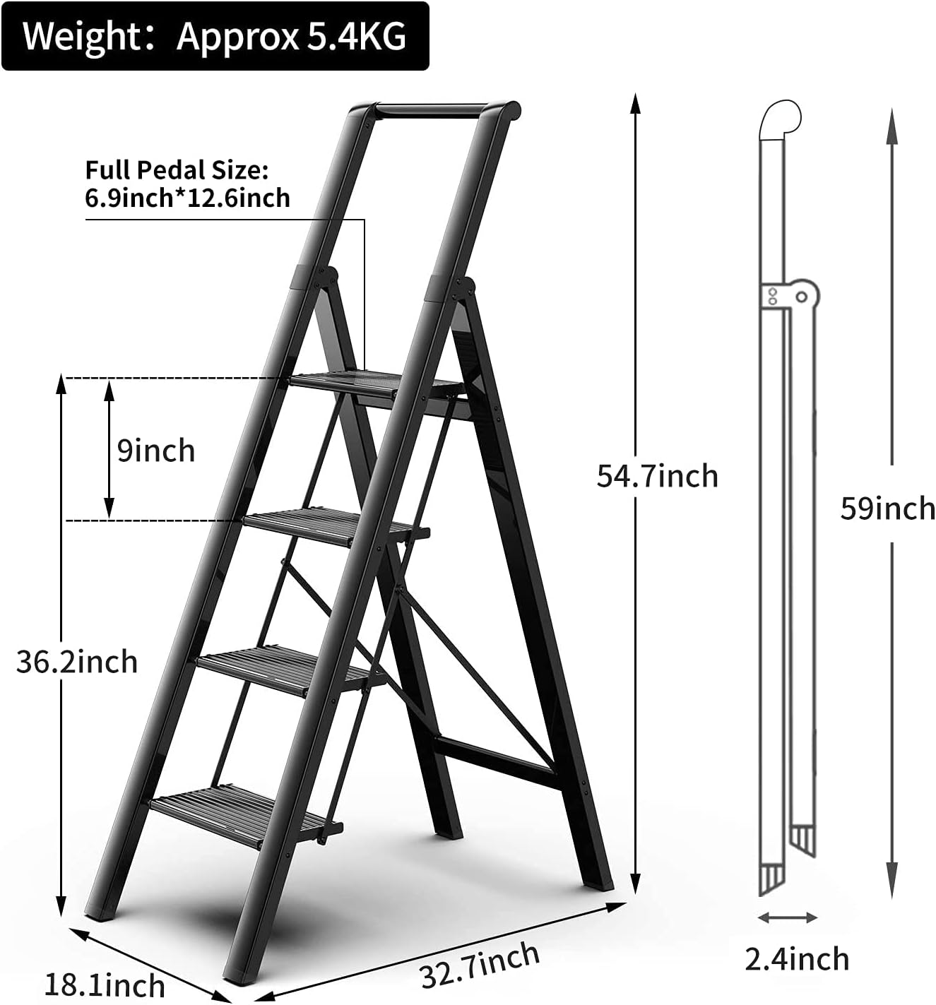 4 Steps Lightweight Aluminum Ladder Folding Step Stool Stepladders with Anti-Slip and Wide Pedal for Home and Kitchen Use Space Saving (Black): Kitchen & Dining