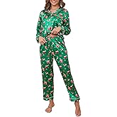 TeJoyce Silk Pajamas for Women Set Long Sleeve Satin Pj Set Soft Christmas Sleepwear Classic Button Down Xmas Loungewear