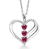 Gem Stone King 925 Sterling Silver Red Created Ruby and White Moissanite 3-Stone Pendant Necklace For Women (1.00 Cttw, Gemstone July Birthstone, Heart Shape 4MM, with 18 Inch Silver Chain)