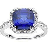 Fine Color Jewels Lab Grown Asscher Cut Blue Sapphire Halo Ring with Round White Topaz Accents -September Birthstone White Rhodium-Plated 925 Sterling Silver