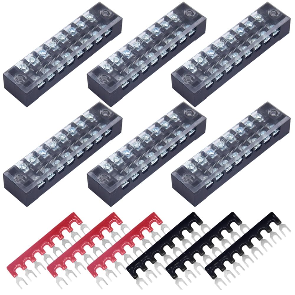 CEEYSEE 12pcs(6 Sets) 8 Positions Dual Rows Covered Screw Terminal Block 600V 15A + 6Pcs 8 Positions Pre-Insulated Black/Red Fork Terminal Barrier Strip 400V 15A (TB1508)