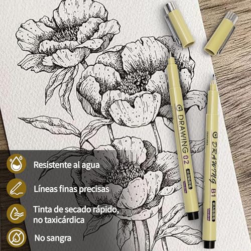 Estilografos, 21 Piezas Plumas de Dibujo Negro, Plumas de Caligrafía Arte Punta Fino con 0.15-3MM de Delineador Fino, Rotuladores Punta Fina, Adecuado para Dibujos Finos, Cómics, Diseño Arquitectónico