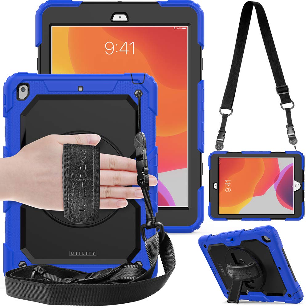 TECHGEAR Utility Case for iPad 10.2 2021/2020/2019 [9th, 8th and 7th Generation] Hard Shockproof Protective Cover with 360 Degree Swivel Stand, Shoulder Strap and Hand Grip [Blue]