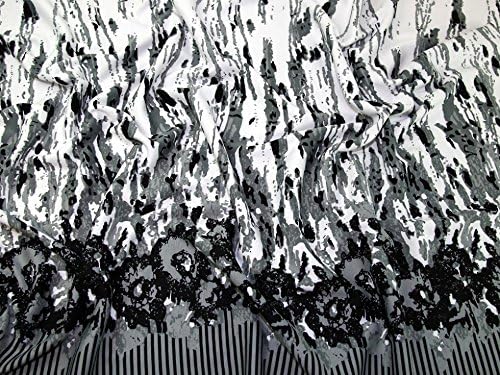Lady McElroy Border Print Ponte Roma Stretch Jersey Knit Dress Fabric Black, White & Grey - per metre