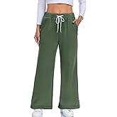 WOWULOVELY Womens Baggy Wide Leg Pants Casual Loose Seams Drawstring Elastic Waisted Lounge Trousers with Pockets