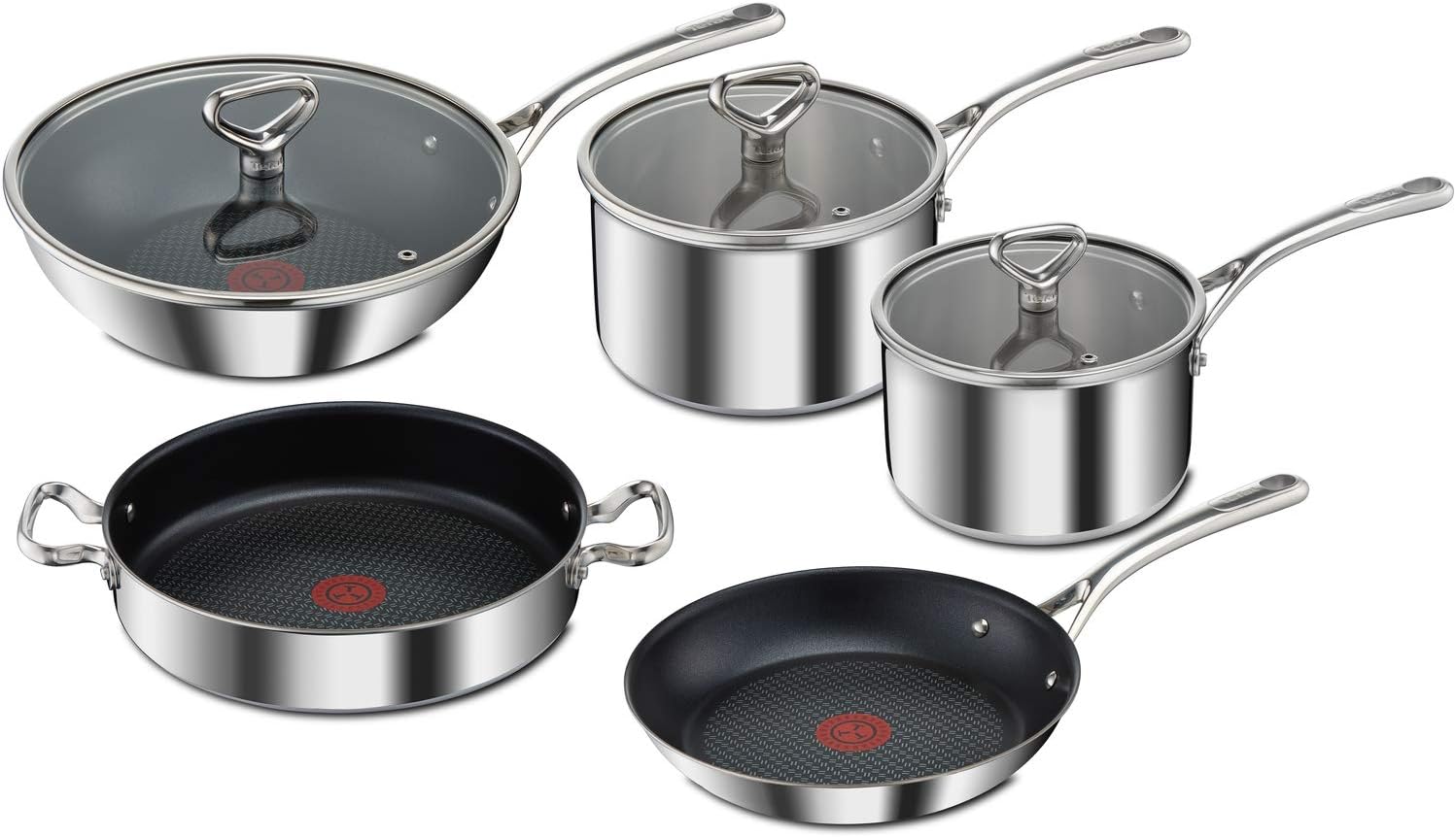 Tefal Collection E475S544 5-Piece Stainless Steel Tri-Ply Induction Saucepan with 2 Handles 28 cm with Glass Lid + 26 cm Frying Pan + 18/20 cm Saucepans with Glass Lid + 28 cm Wok Pan