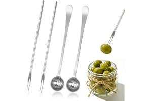 4 Pcs Pickle Fork and Olive Spoon Set, Stainless Steel Long Handle Food Picker for Pickle Olive Spoons with Holes, Pickle Pic