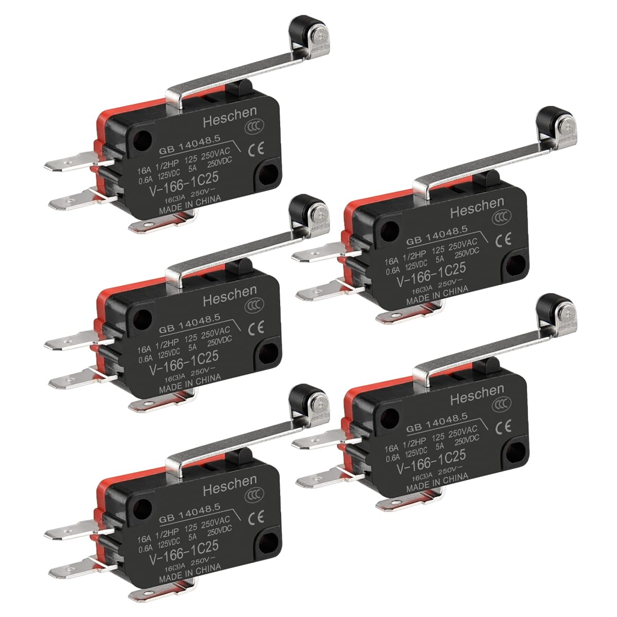 Heschen Micro Switch, V-166-1C25, SPDT, Long Roller Lever, 16A 250VAC, 5PCS