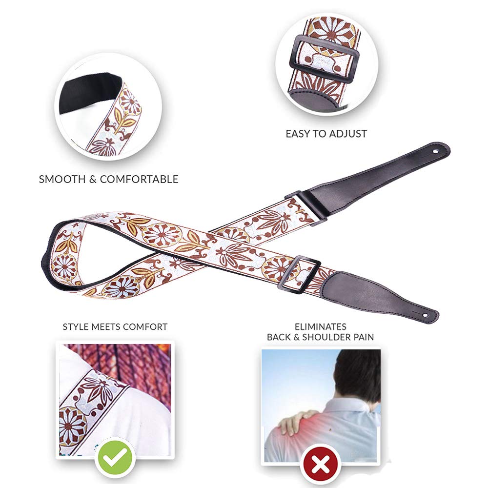 FluTune Leather Adjustable Guitar Strap - Jacquard Weave Collection Strap Set For Acoustic and Electric Guitar With Genuine Leather Ends