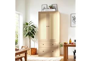 DIYART Rattan Oak Kitchen Pantry Cabinet, 64.2" Tall Kitchen Storage Cabinet with Doors and Drawers, Freestanding Wooden Storage Cabinet for Kitchen, Dining Room