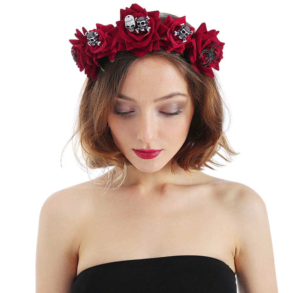 Floral Headband for Women Girls, Flower Crown Headband Rose Headdress for Ladies Rose Flower Crown Headband Halloween Gothic Skull Headband Hairband Women Floral Headwear Wedding Hair Headpiece