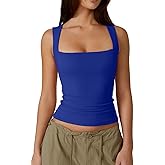 QINSEN Women's Square Neck Sleeveless Double-Layer Tank Tops Basic Tight T Shirts