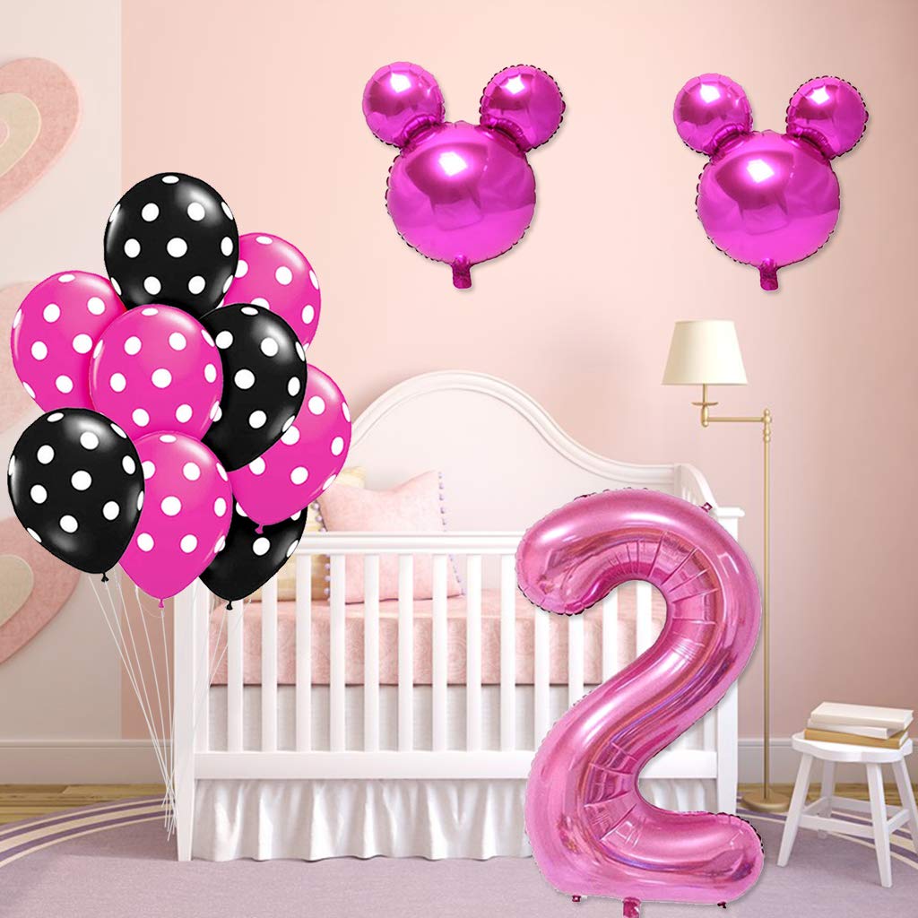 Amycute 13 Pcs Mickey Fiesta De Cumpleanos 2 Ano Decoracion Globos De Cumpleanos Minnie Rosa Numero 1 Globo De Papel De Aluminio Y Globo De Latex Negro Rosa Para Happy Birthday Ninos