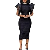 VJJ AIDEAR Women's Flutter Sleeve Ruched Bodycon Textured Pencil Dress Stretchy Business Office Party Dress