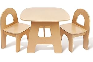 wooshwa Wooden Toddler Table and 2 Chairs Set, Kids Table and Rounded Backrest Chair Set, Activity Table for Art, Play, Craft, Ideal for Children Ages 1-7, Natural Wood Color