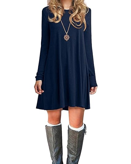 Azue Damen Einfaches Kleider Basic Casual A-Linie Skaterkleid Freizeit Kleider Fließendes Kleid Langarm Beiläufige Shirt Lose