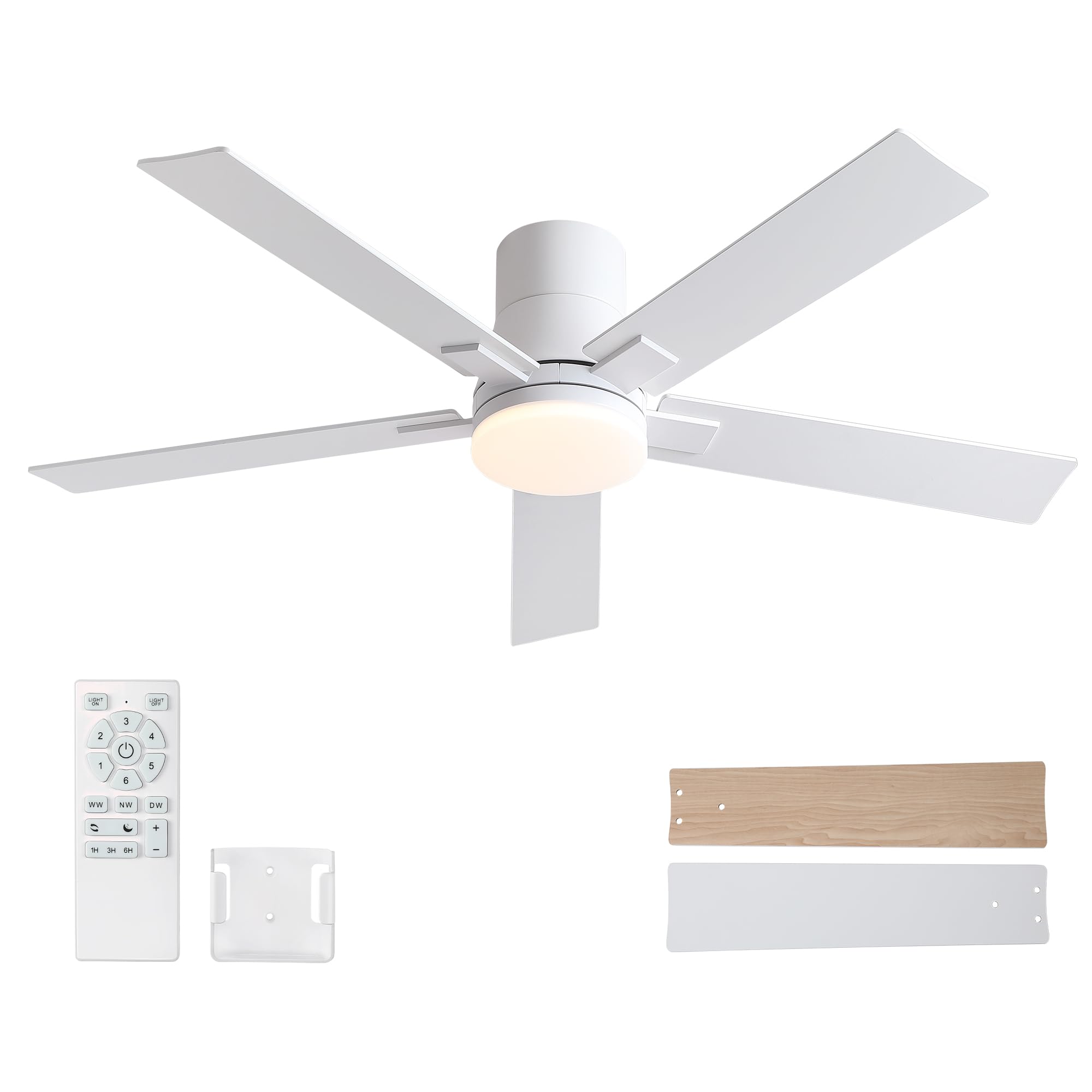 Photo 1 of 52 Inch Ceiling Fans with Lights and Remote,Flush Mount White Ceiling Fan with 5 Blades,6 Speed Reversible DC Motor,3CCT Dimmable LED-Low Profile Design for Bedroom, Living room & Covered Outdoor