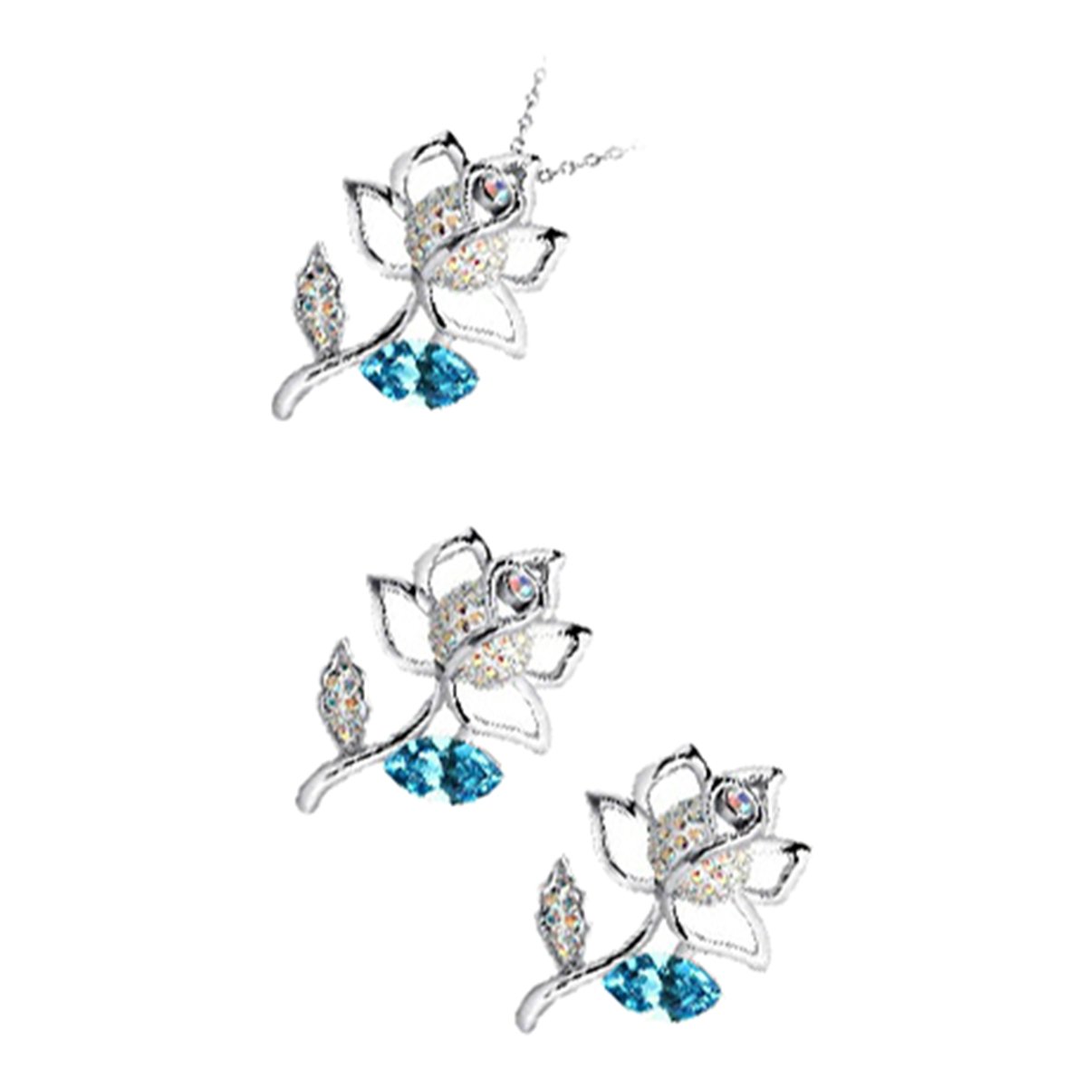 GWG Jewellery Set 925 Sterling Silver Coated Pendant Necklace and Earrings Rose Flower Embellished with Stones and Aquamarine Ocean Blue Crystal Leaf in Gift Box for Women