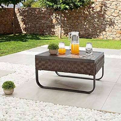 LOKATSE HOME Patio Dining Furniture Outdoor Square Bistro Side Coffee Table with Rattan Wicker Metal Slatted Steel Frame… 61p7nB2RRVL