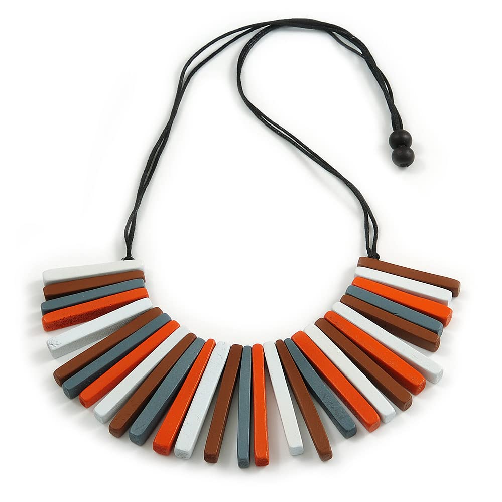 Avalaya Statement Orange/White/Grey/Brown Wood Bead Fringe Necklace with Black Cotton Cords/ 74cm L